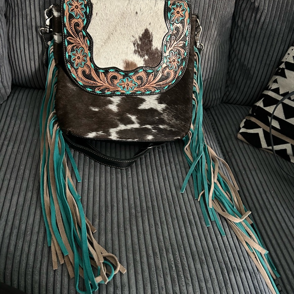 Myra Bag Turquoise & Brown Floral Tooled Fringe Crossbody